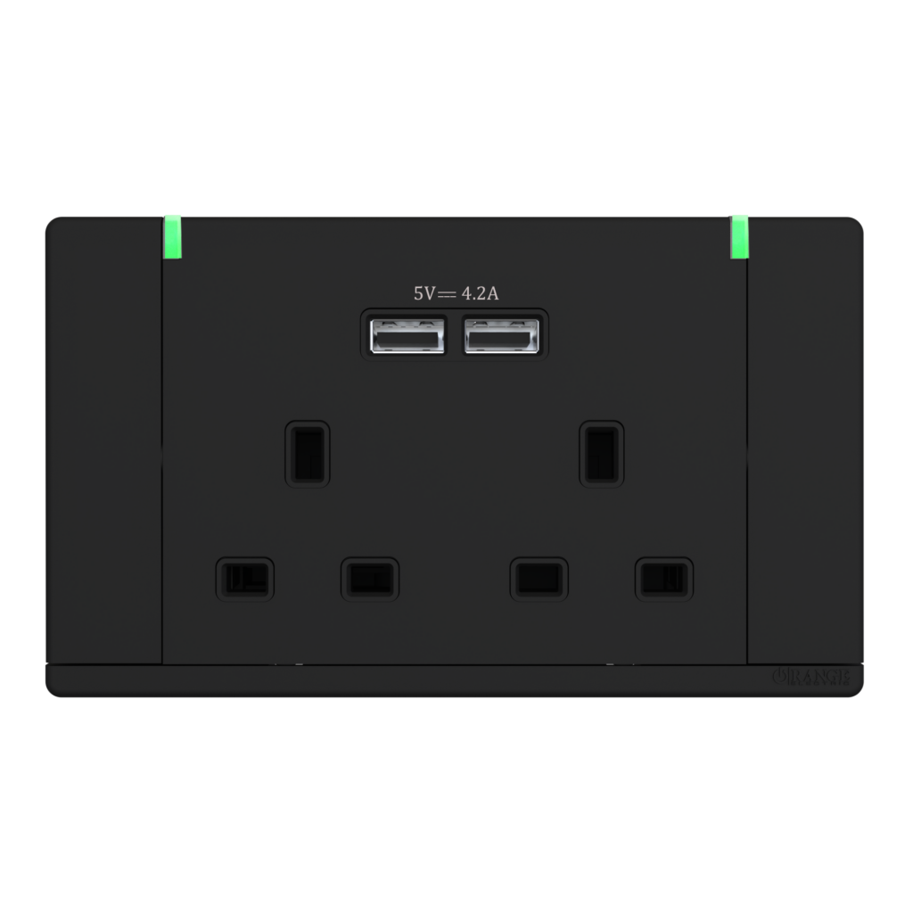 ODESSA 13Amp. 250V Twin Switched Socket Outlet with Indicator + 4. 2A USB Black Matte