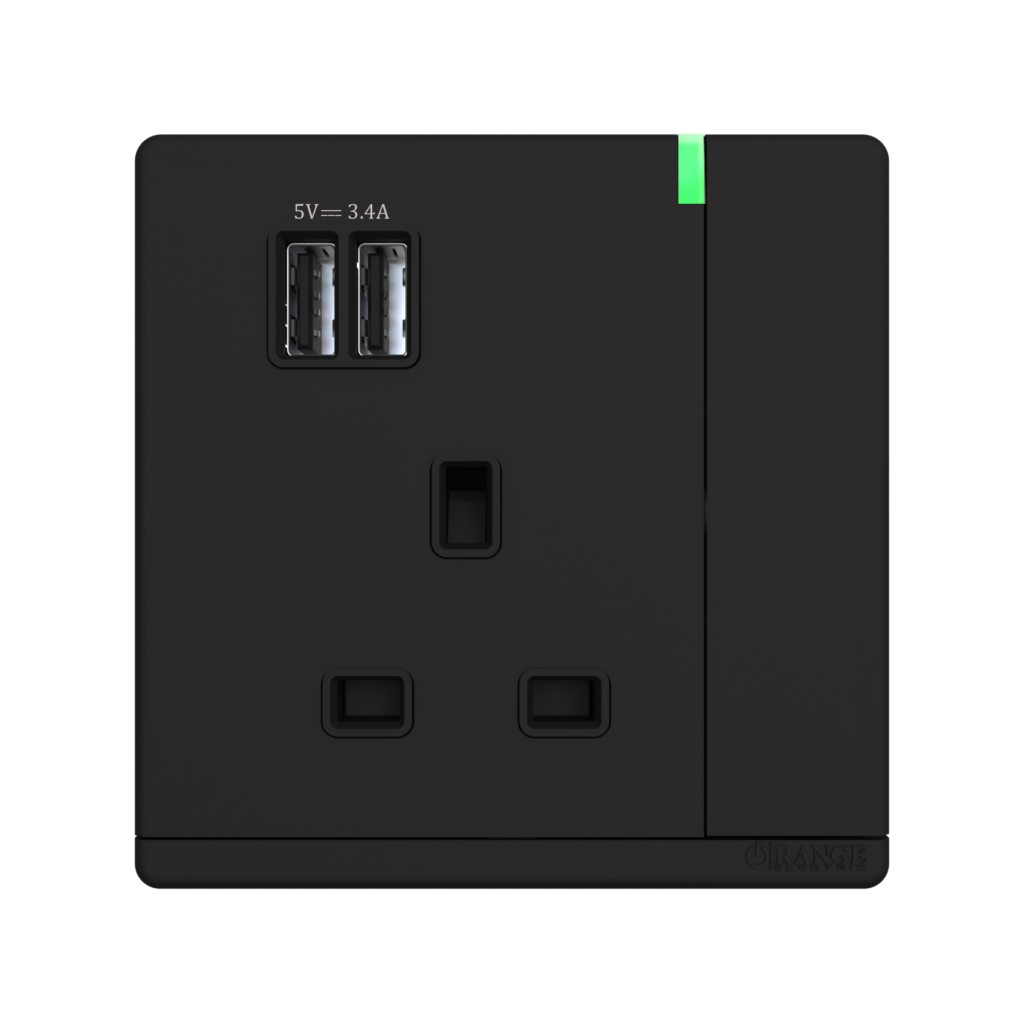 ODESSA 13Amp. 250V Single Switched Socket Outlet with Indicator + 3.4 USB Black Matte