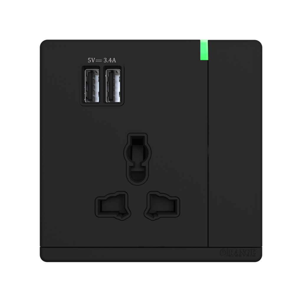 ODESSA 13Amp. 250V Single Multi Switched Socket Outlet with Indicator + 3.4 USB Black Matte