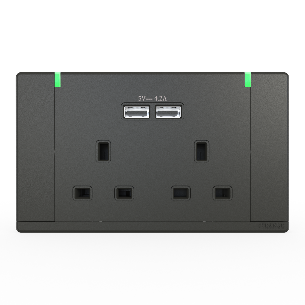 ODESSA 13Amp. 250V Twin Switched Socket Outlet with Indicator + 4. 2A USB Pearl Gunmetal