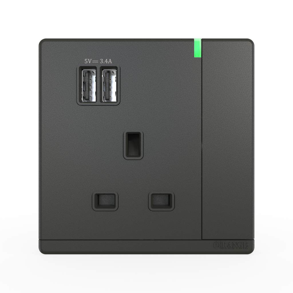 ODESSA 13Amp. 250V Single Switched Socket Outlet with Indicator + 3.4 USB Pearl Gunmetal