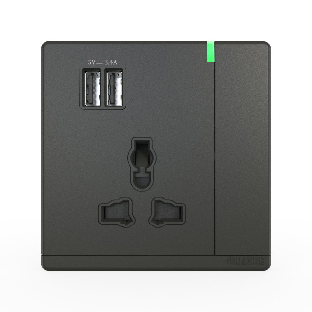 ODESSA 13Amp. 250V Single Multi Switched Socket Outlet with Indicator + 3.4 USB Pearl Gunmetal