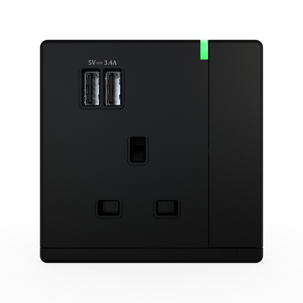 ODESSA 13Amp. 250V Single Switched Socket Outlet with Indicator + 3.4 USB Pearl Black