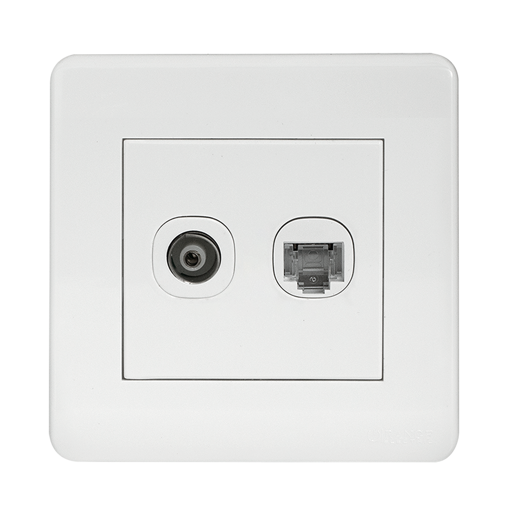 SCINTILLA 2Gang TV Co-Axial (75Ohm) + Data Outlet White with White Surround