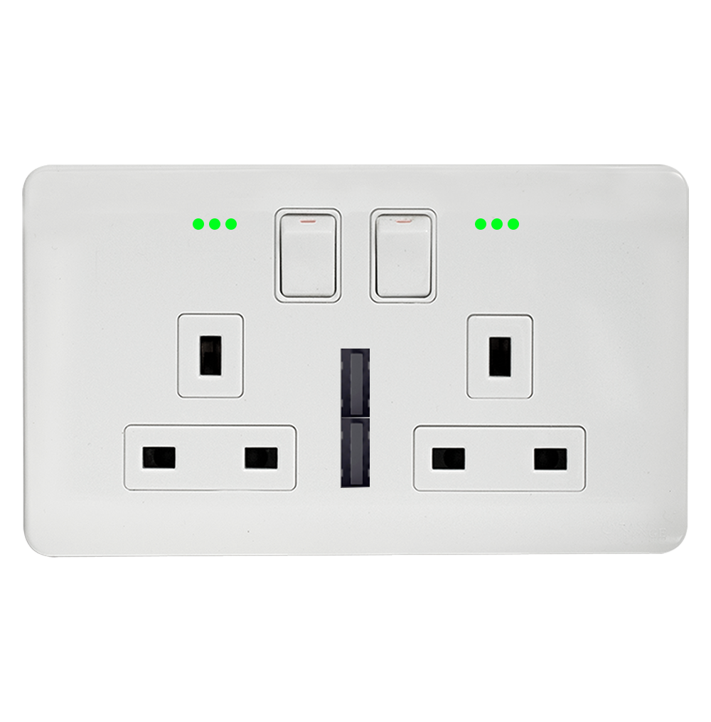 SCINTILLA 13Amp. Twin Switched Socket Outlet with Indicator + 4.2Amp. Type-A USB White with White Surround