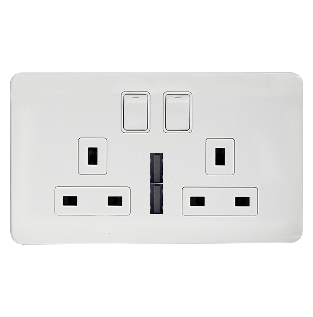 SCINTILLA 13Amp. Twin Multi Switched Socket Outlet with Indicator + 4.2Amp. Twin USB White with White Surround