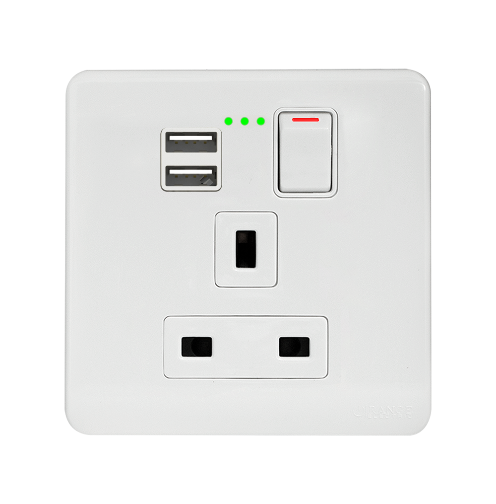 SCINTILLA 13Amp. Single Switched Socket Outlet with Indicator + 3.4Amp. Type-A USB White with White Surround