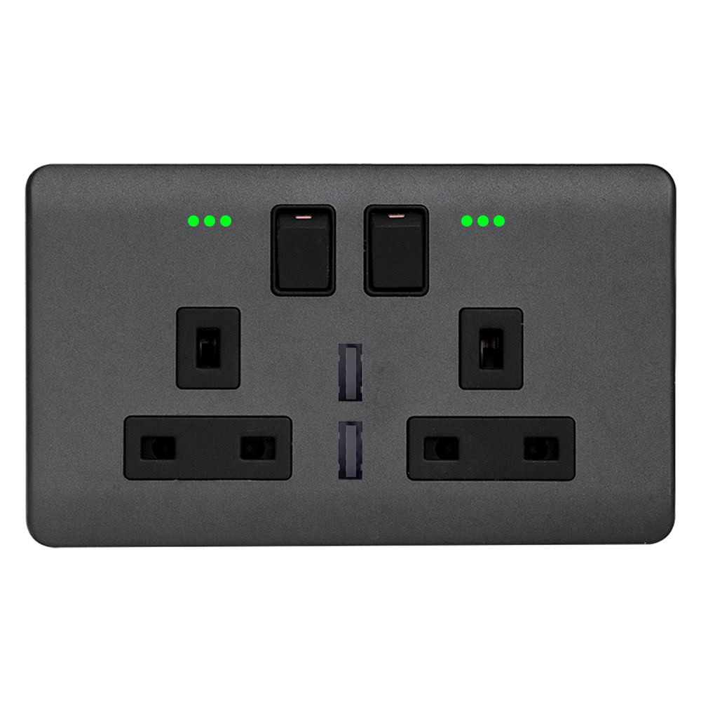SCINTILLA 13Amp. Twin Switched Socket Outlet with Indicator + 4.2Amp. Type-A USB B/Matte with GM/Matte Surround