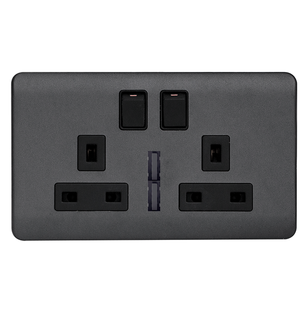 SCINTILLA 13Amp. Twin Multi Switched Socket Outlet with Indicator + 4.2Amp. Twin USB B/Matte with GM/Matte Surround