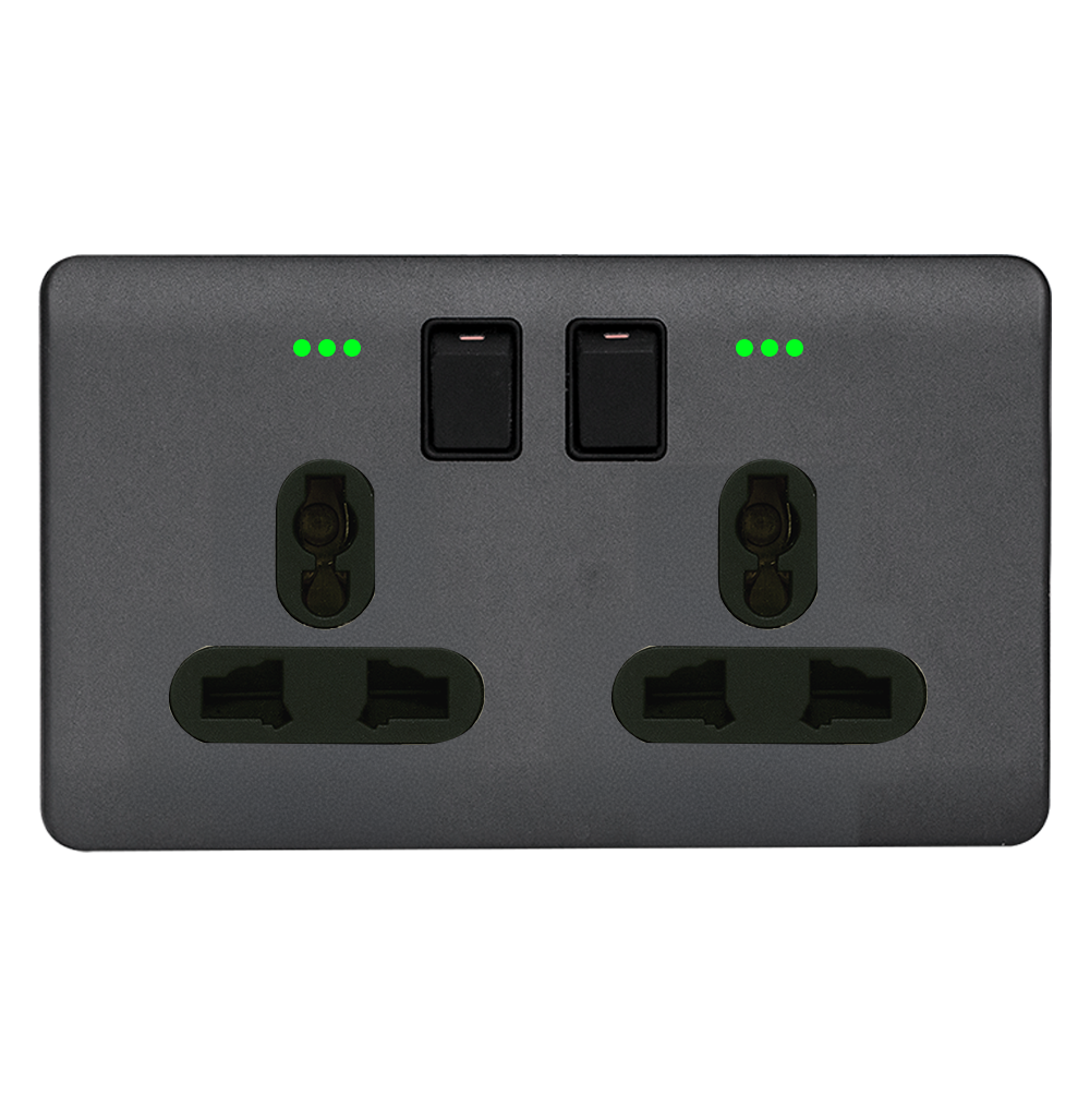 SCINTILLA 13Amp. Twin Multi Switched Socket Outlet with Indicator B/Matte with GM/Matte Surround