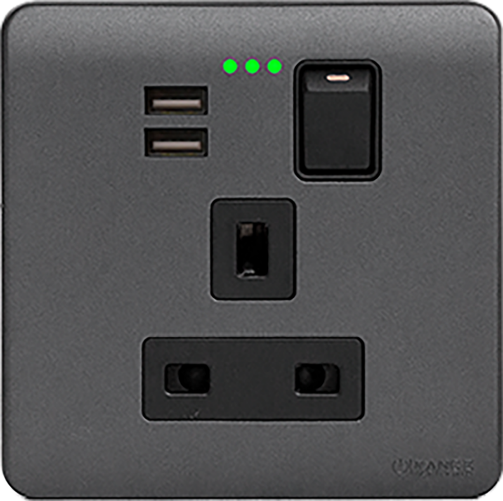 SCINTILLA 13Amp. Single Switched Socket Outlet with Indicator + 3.4Amp. Type-A USB B/Matte with GM/Matte Surround