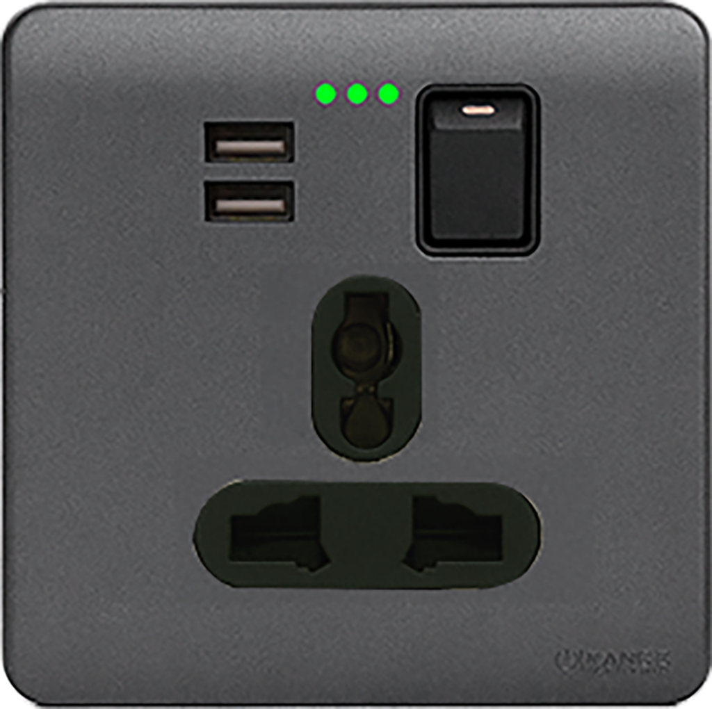 SCINTILLA 13Amp. Single Multi Switched Socket Outlet with Indicator + 3.4Amp. Type-A  USB B/Matte with GM/Matte Surround