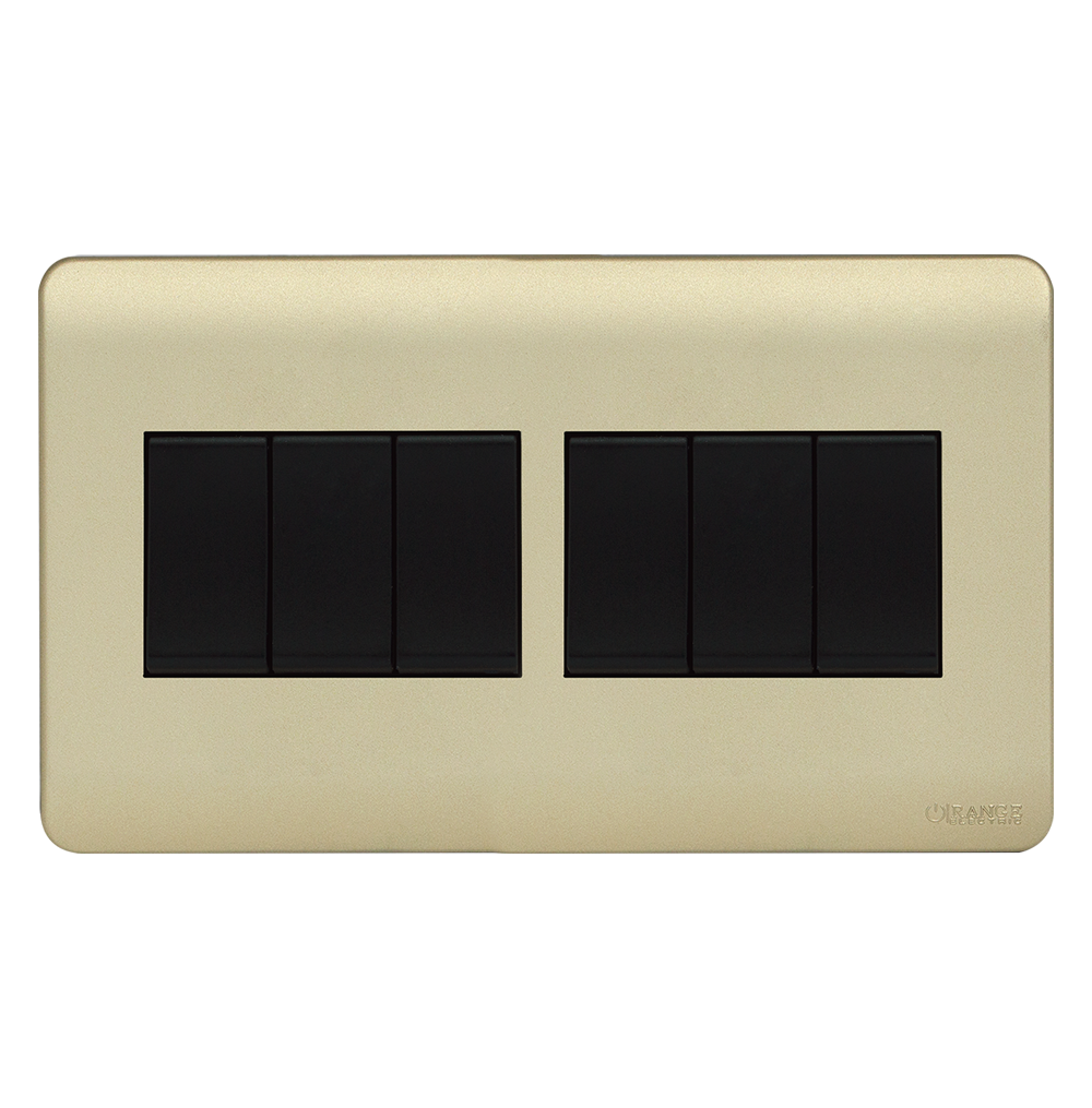 SCINTILLA 16Amp. 6Gang 1Way Switch B/Matte with Gld/Matte Surround