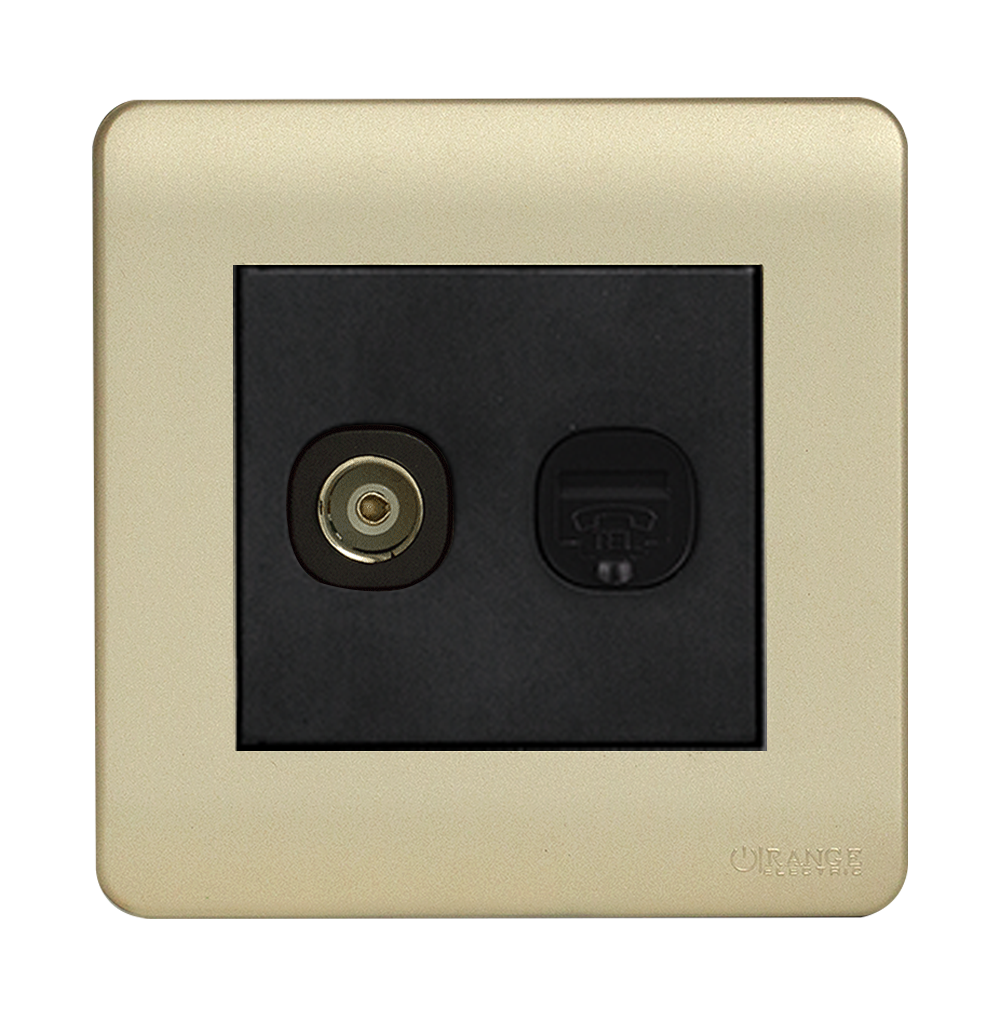 SCINTILLA 2Gang TV Co-Axial (75Ohm) + Telephone Outlet B/Matte with Gld/Matte Surround