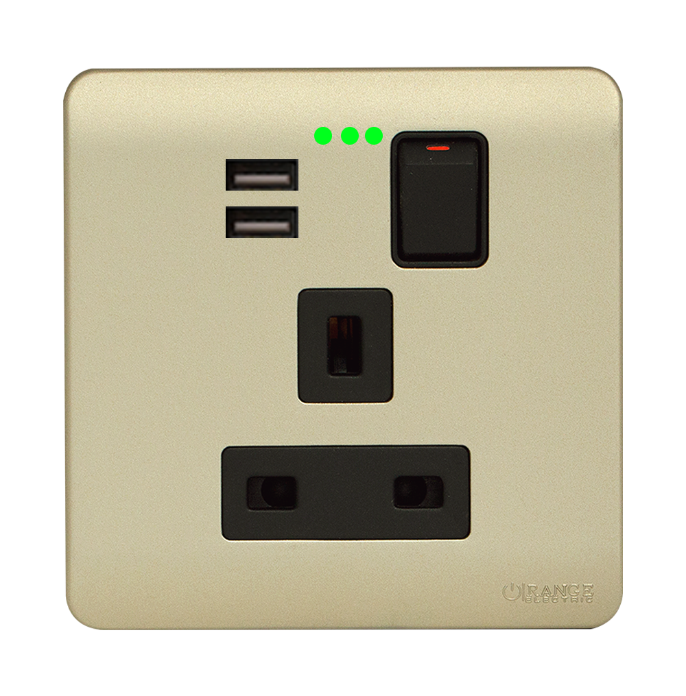 SCINTILLA 13Amp. Single Switched Socket Outlet with Indicator + 3.4Amp. Type-A USB B/Matte with Gld/Matte Surround