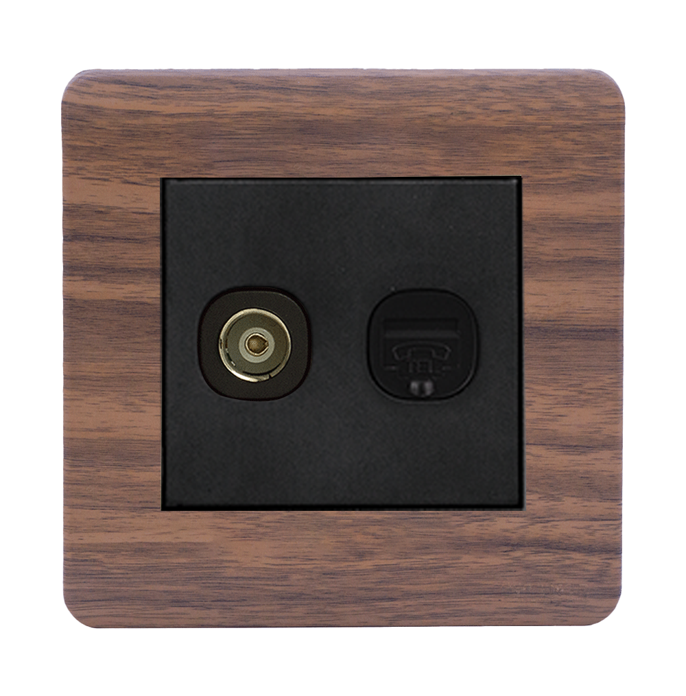 SCINTILLA 2Gang TV Co-Axial (75Ohm) + Telephone Outlet B/Matte with Kumbuk Surround