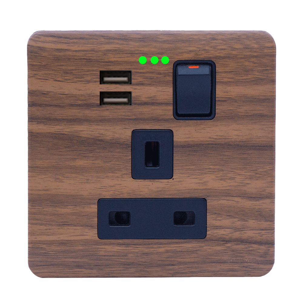 SCINTILLA 13Amp. Single Switched Socket Outlet with Indicator + 3.4Amp. Type-A USB B/Matte with Kumbuk Surround