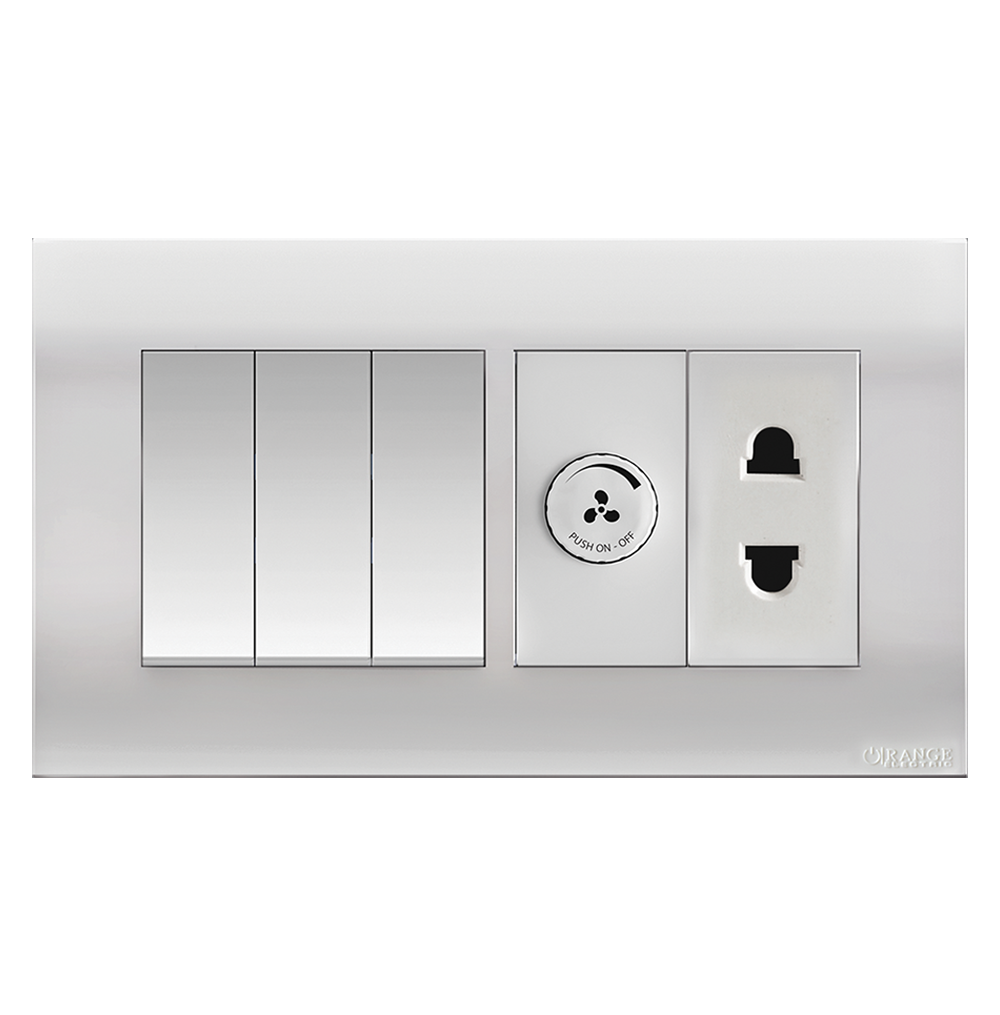 AKOYA 16Amp. 3Gang + Fan Controller + 2Pin Socket White with White Surround