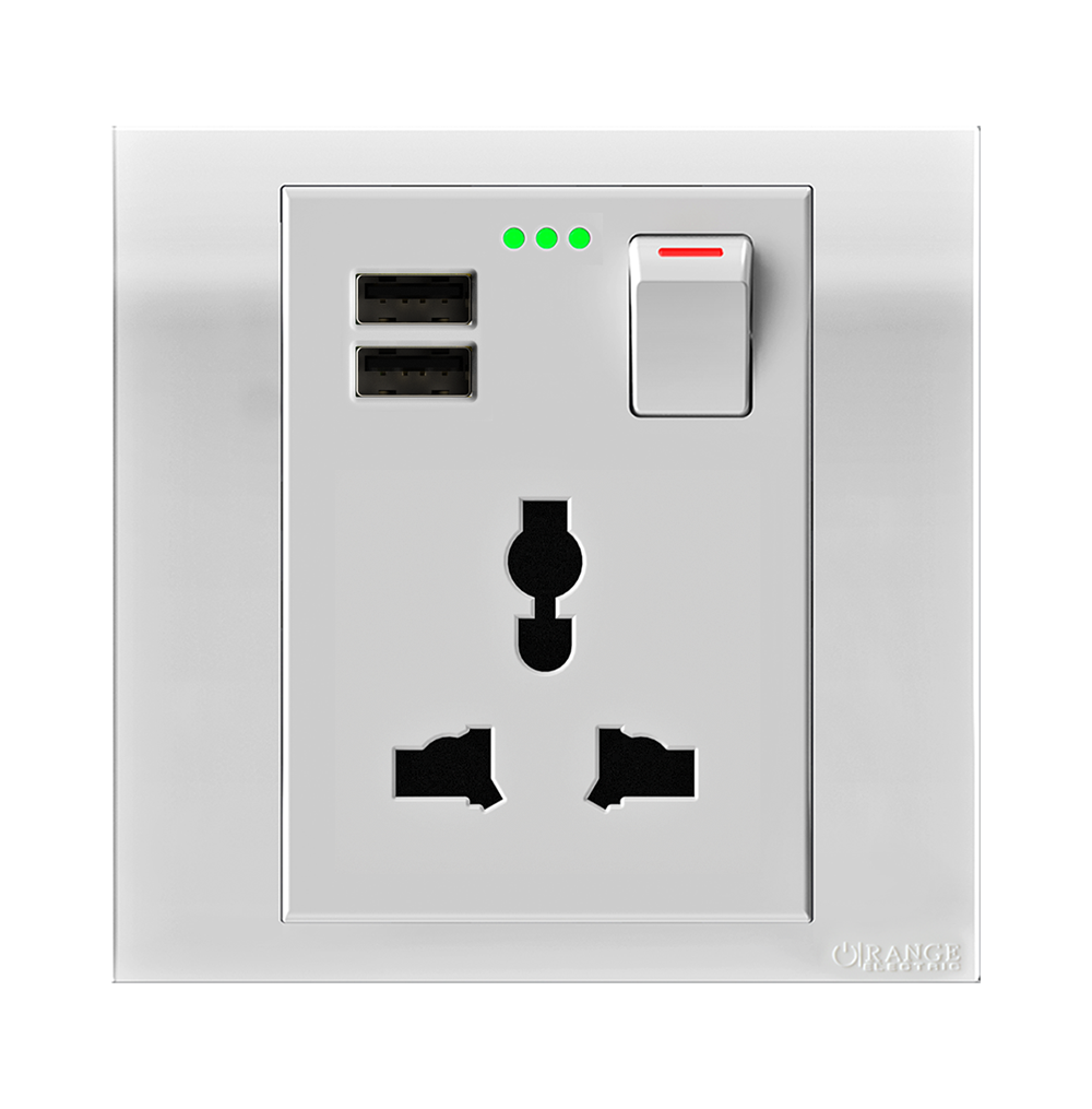 AKOYA 13Amp. Single Multy Switched Socket Outlet with Indicator + 3.4Amp. USB White with White Surround