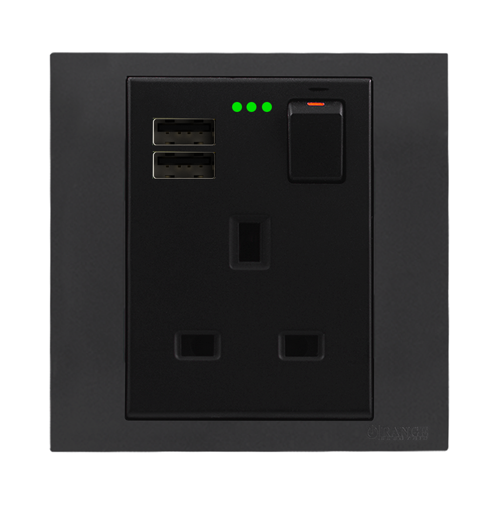 AKOYA 13Amp. Single Switched Socket Outlet with Indicator + 3.4Amp. USB B/Matte with GM/Matte Surround