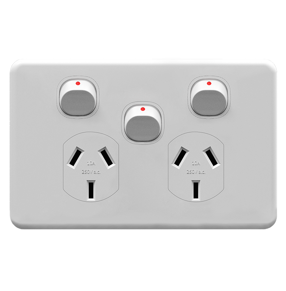 ENIGMA 10Amp. 250V a.c. 2Gang Horizontal Power point with 16AX Extra Dolly Classic White (Australian Standard)