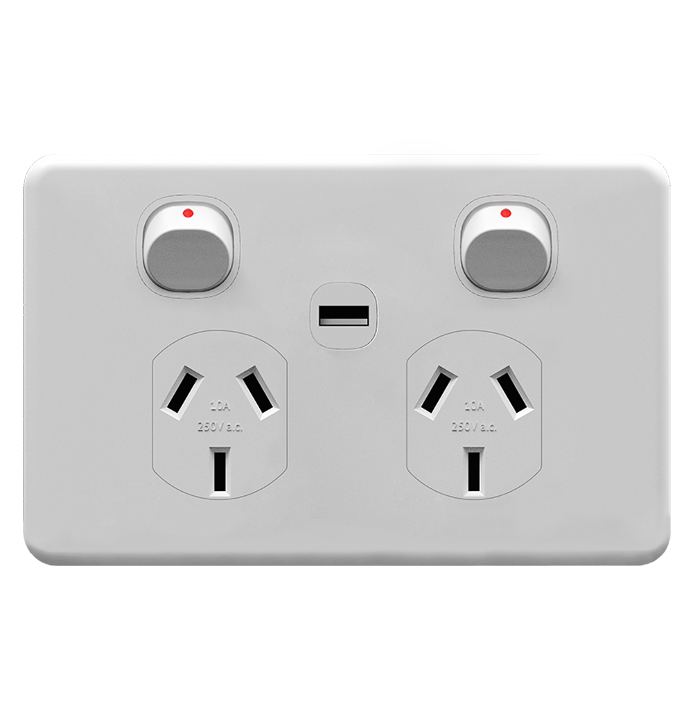 ENIGMA 10Amp. 250V a.c. 2Gang Horizontal Power point with 2.1Amp. USB Classic White (Australian Standard)