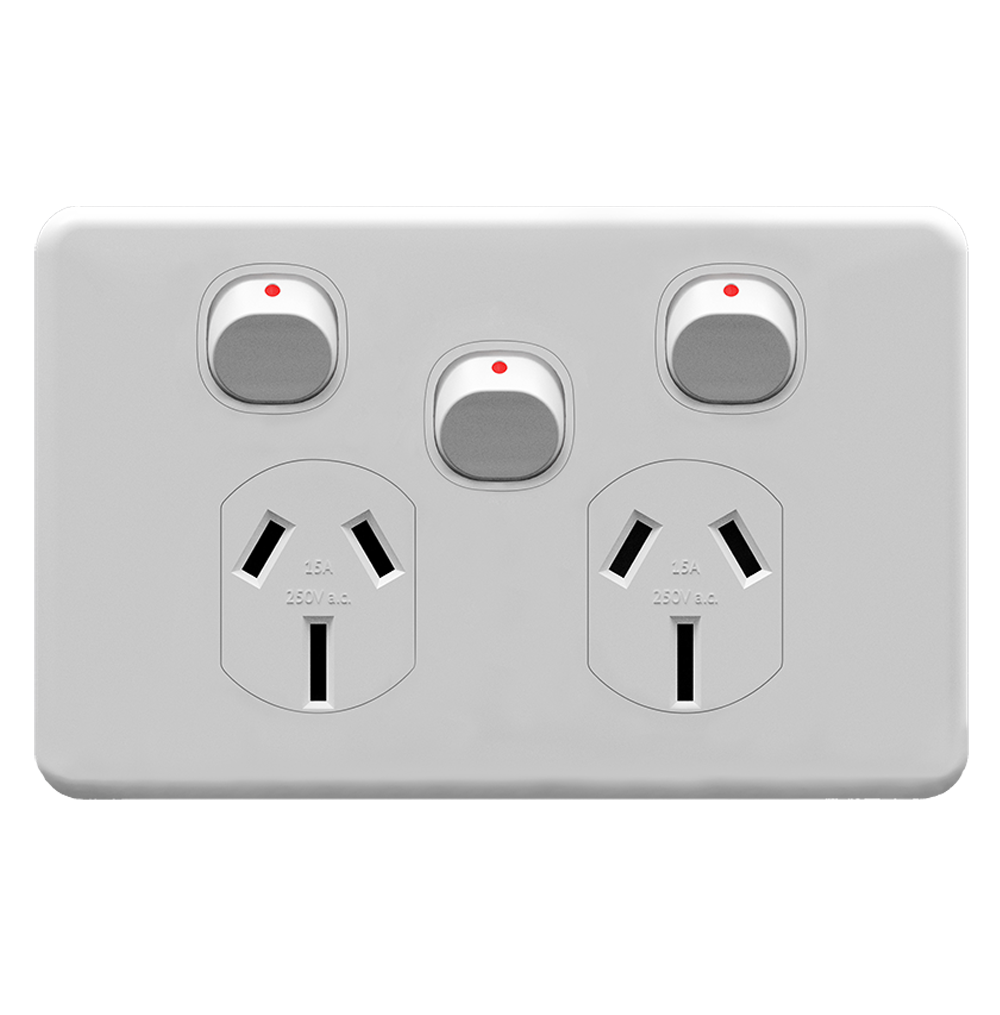 ENIGMA 15Amp. 250V a.c. 2Gang Horizontal Power point with 16AX Extra Dolly Classic White (Australian Standard)