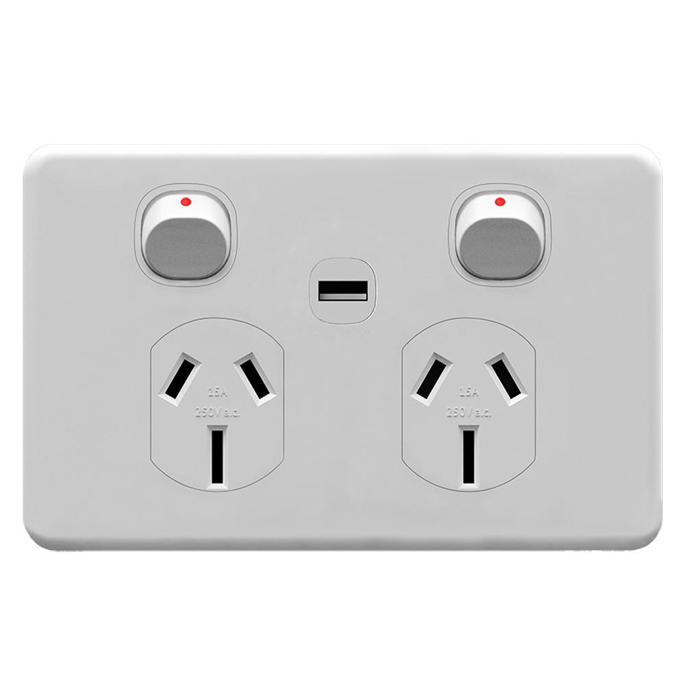ENIGMA 15Amp. 250V a.c. 2Gang Horizontal Power point with 2.1Amp. USB Classic White (Australian Standard)
