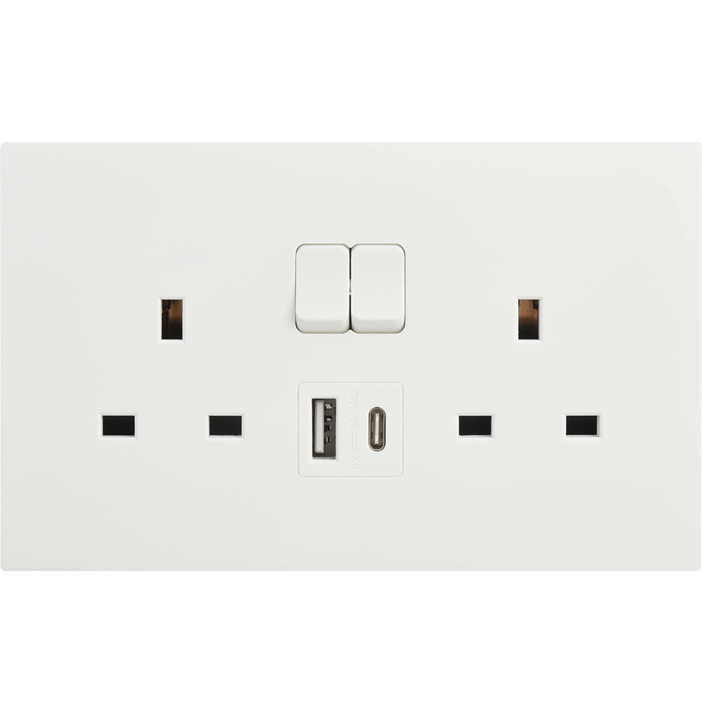 VIRAGO 13Amp. Twin 1Pole Switched Socket Outlet without Indicator with Type-A + Type-C USB Charger Outlet White