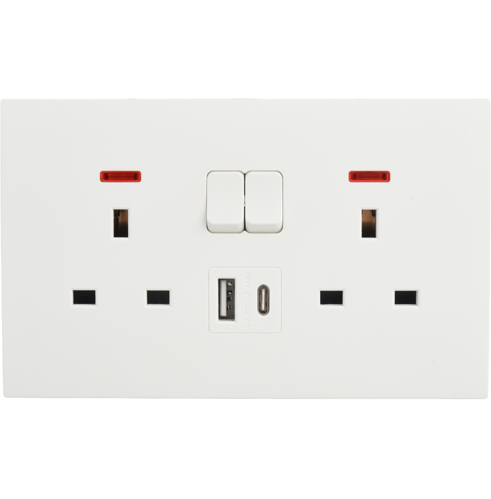 VIRAGO 13Amp. Twin 1Pole Switched Socket Outlet with Indicator with Type-A + Type-C USB Charger Outlet White