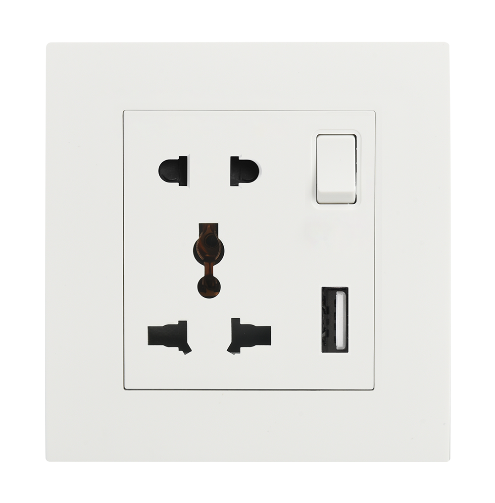 VIRAGO Multy + 2Pin Single 1Pole Switched Socket Outlet with Type-A USB Charger Outlet White