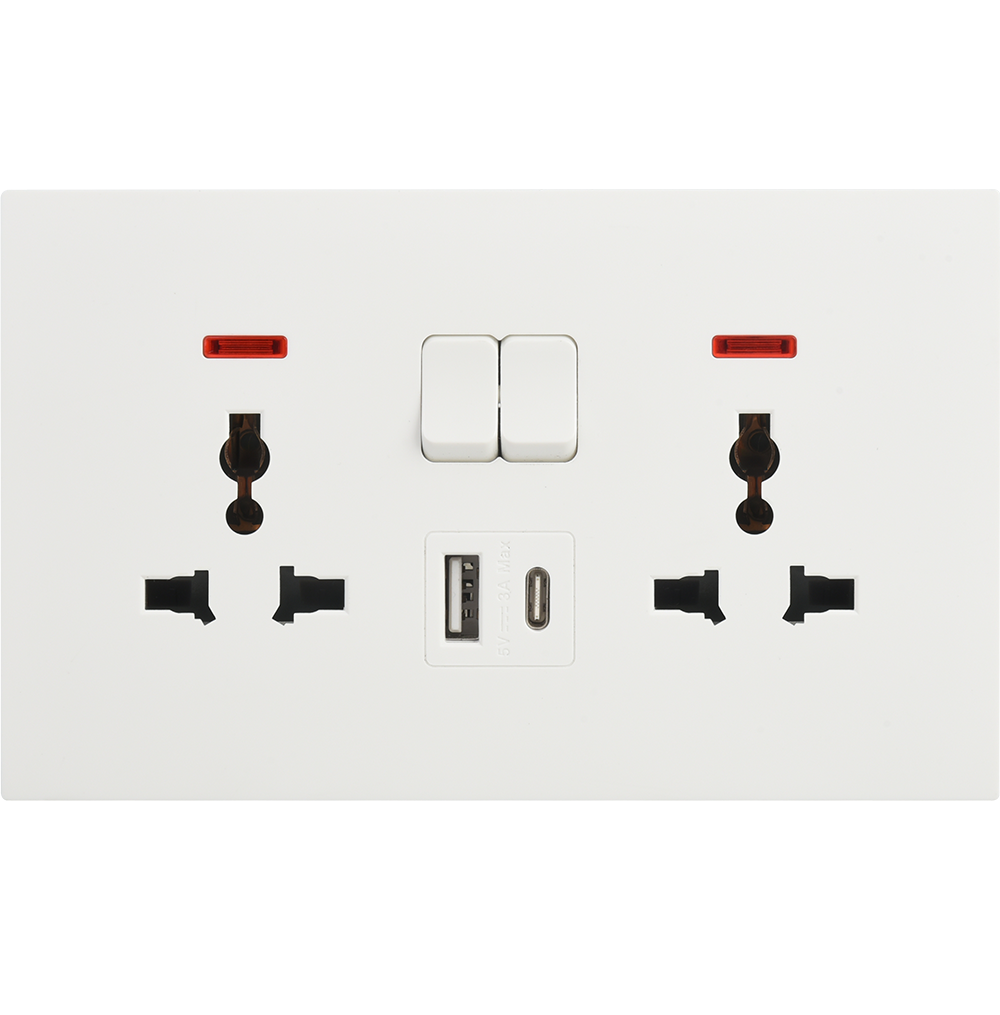 VIRAGO Multy Twin 1Pole Switched Socket Outlet with Indicator with Type-A + Type-C USB Charger Outlet White