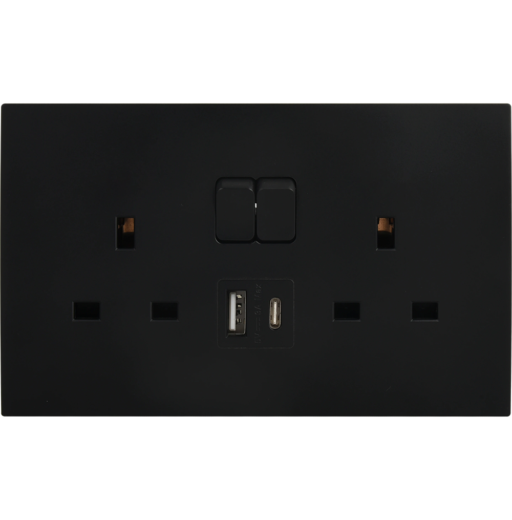 VIRAGO 13Amp. Twin 1Pole Switched Socket Outlet without Indicator with Type-A + Type-C USB Charger Outlet Black