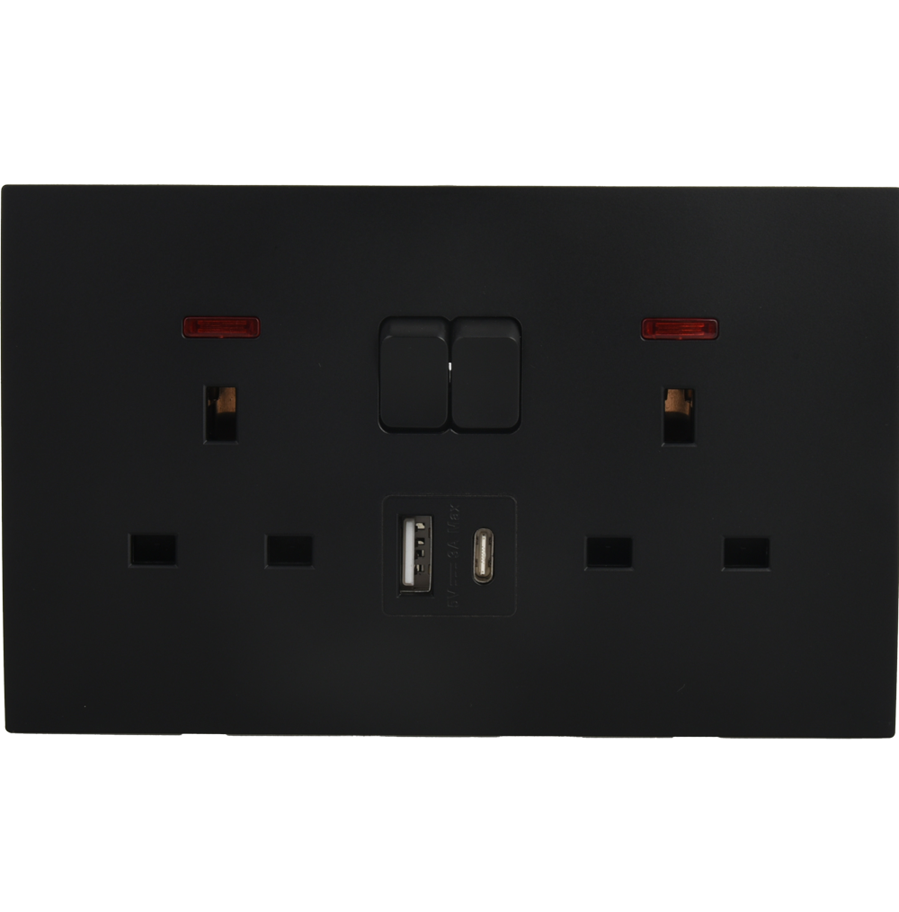 VIRAGO 13Amp. Twin 1Pole Switched Socket Outlet with Indicator with Type-A + Type-C USB Charger Outlet Black