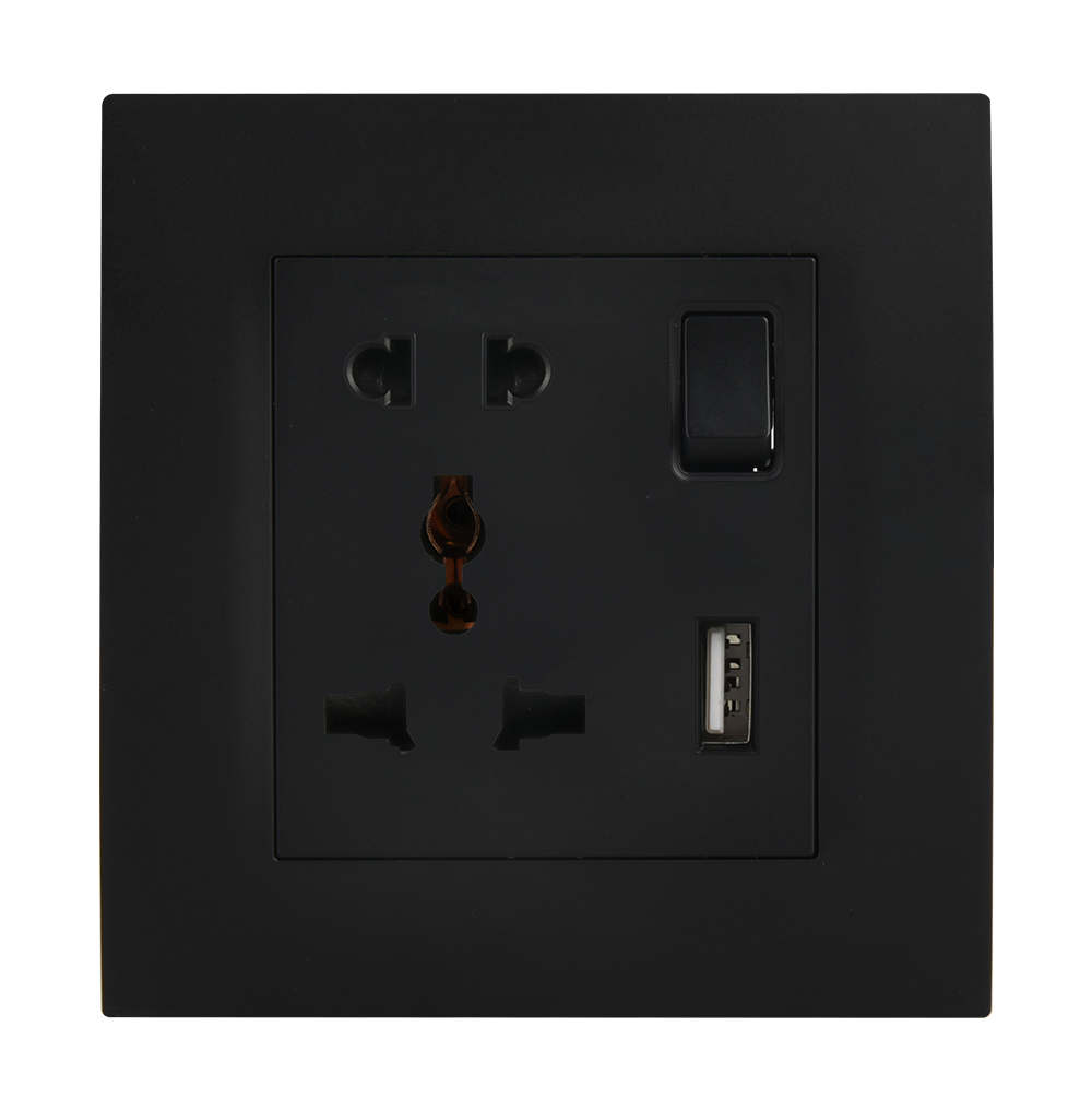 VIRAGO Multy + 2Pin Single 1Pole Switched Socket Outlet with Type-A USB Charger Outlet Black