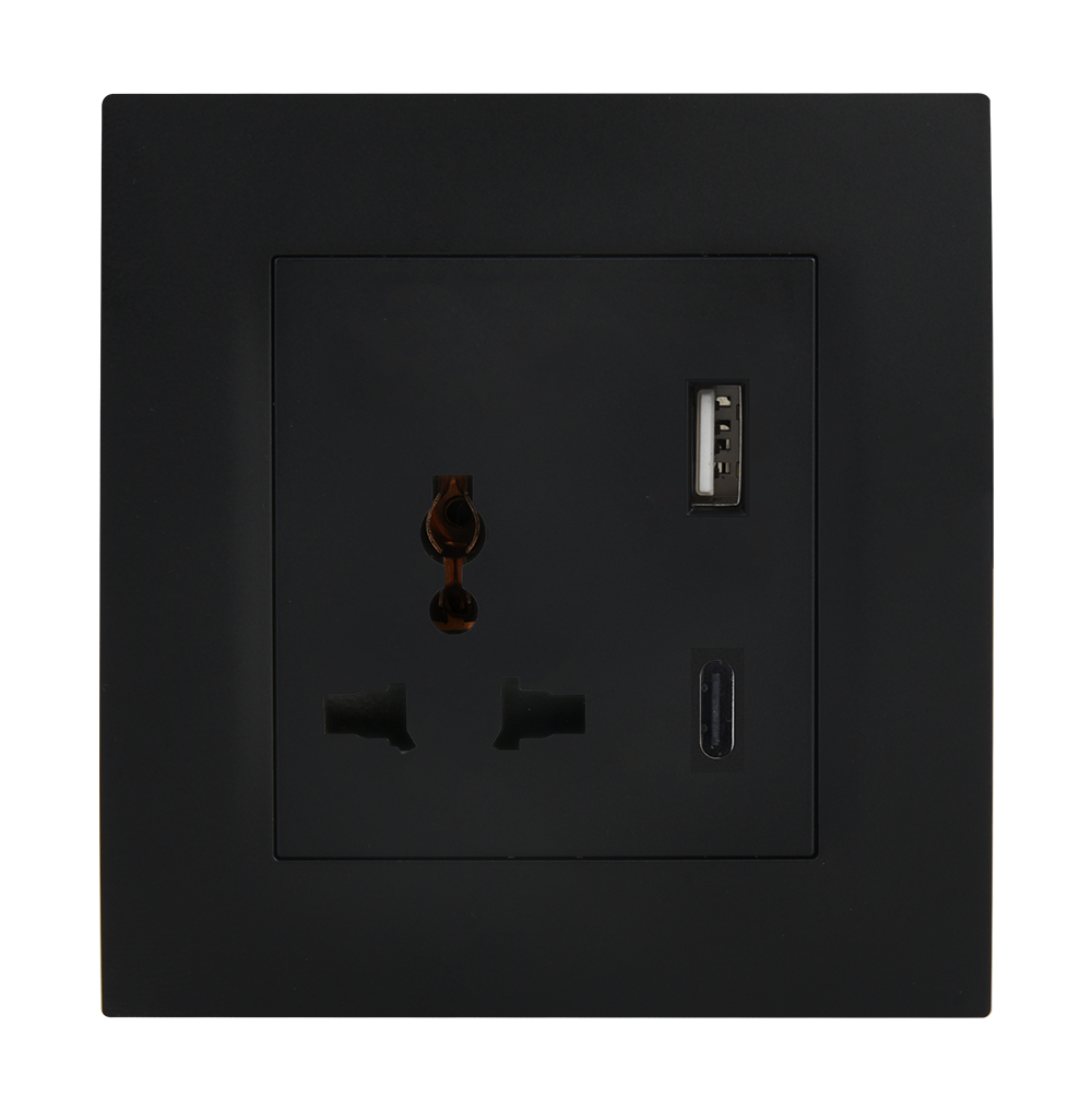 VIRAGO Multy Single 1Pole Switched Socket Outlet with Type-A + Type-C USB Charger Outlet Black