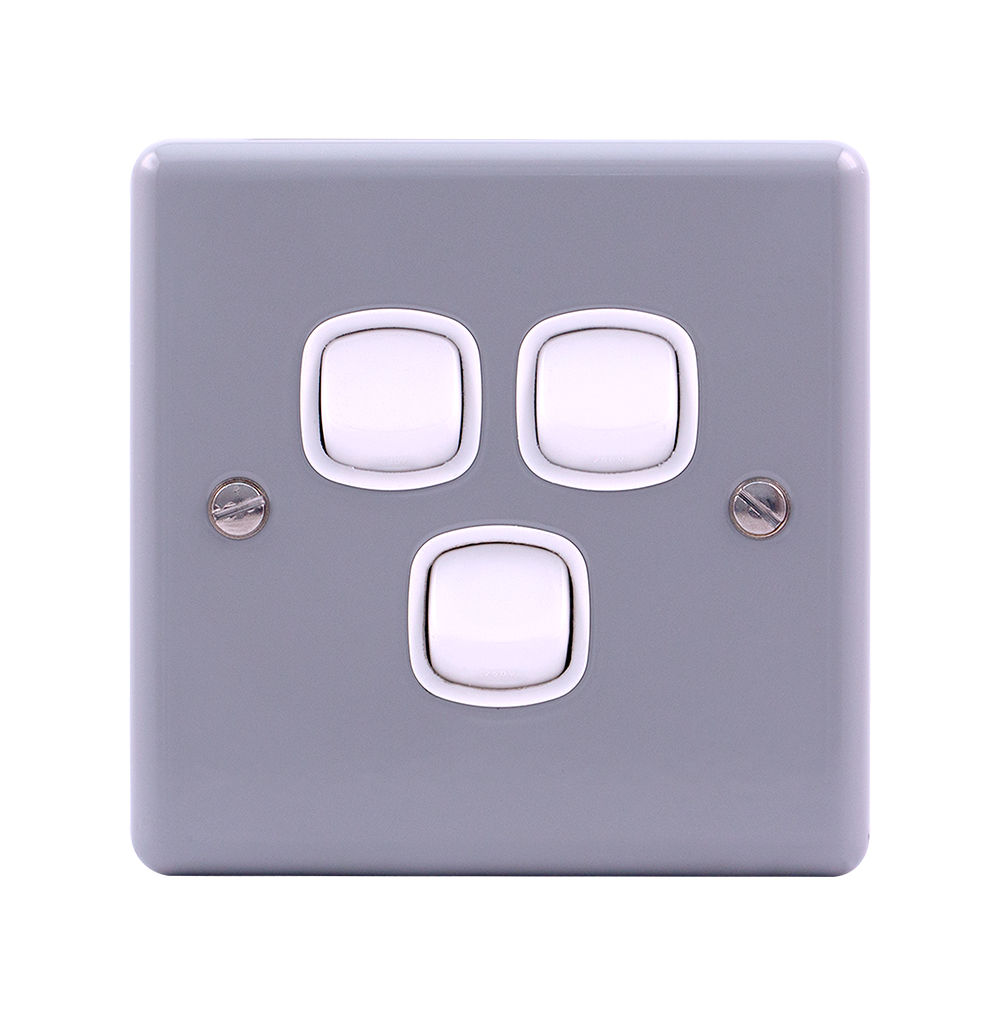 METAL CLAD 10Amp. 3Gang 1Way Switch with Mounting Box Grey