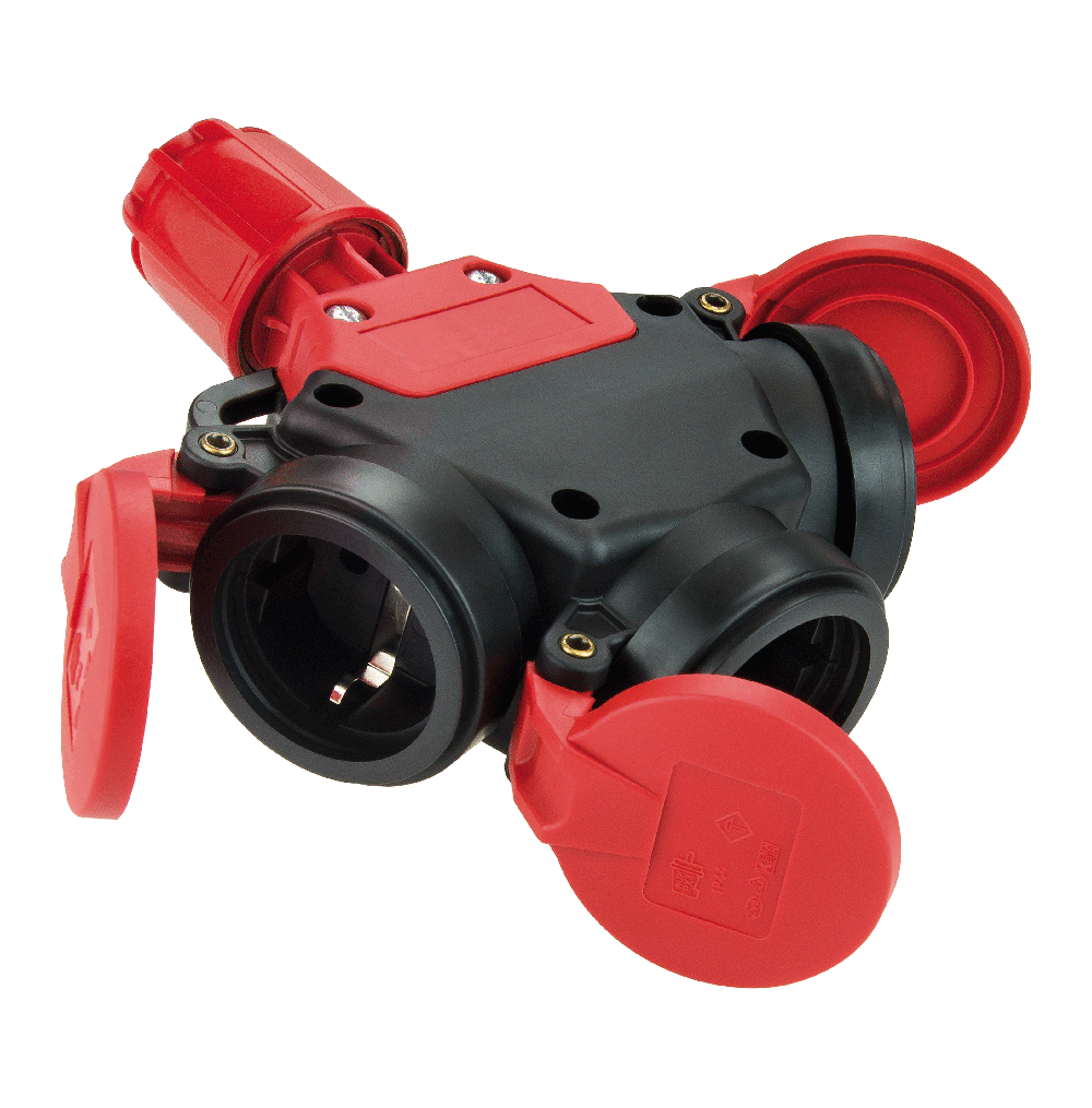 ATLANTIS CEE Series 16Amp. 250V IP44 3Way Adapter Schuko Solid  Rubber Connector with Cap and Locking Ring 50/60Hz