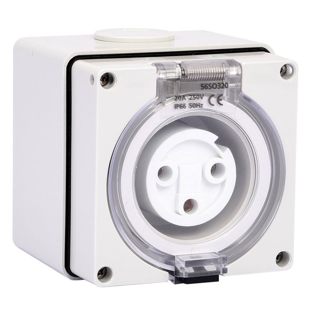 ATLANTIS 56Series 32Amp. 250V IP65 3Pole Surface Mounted Socket Outlet with Front Flap