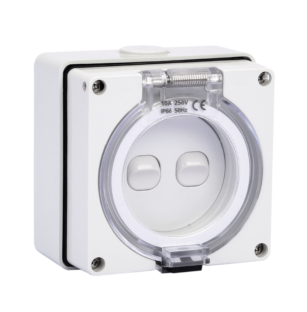 ATLANTIS 56Series 10Amp. 250V IP56 2Gang Surface Mounted Switch with Front Flap