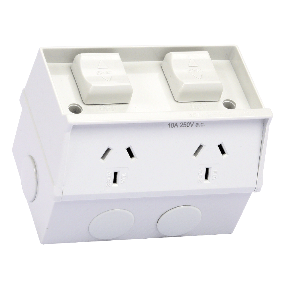 ATLANTIS 56Series 10/15Amp. 250V IP53 2Gang Surface Mount Switched Socket Outlet (Aus.)