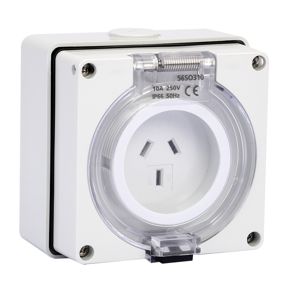 ATLANTIS 56Series 10Amp. 250V IP65 3Pole Surface Mounted Socket Outlet with Front Flap (Aus.)