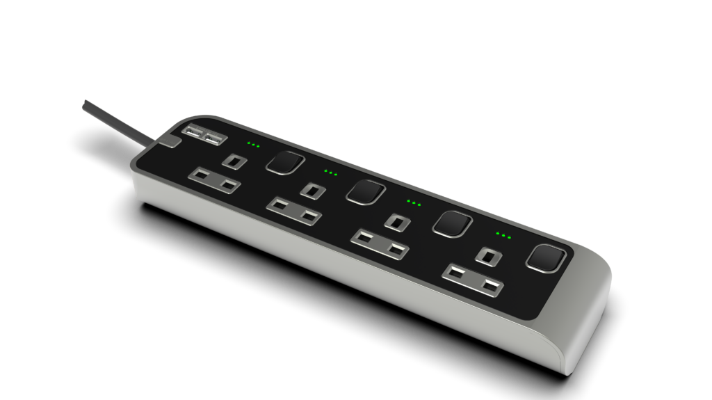 13Amp. 4 Outlet Power Strip with Indicator with 2×4.2USB-A Ports with 5Meter Cord Silver