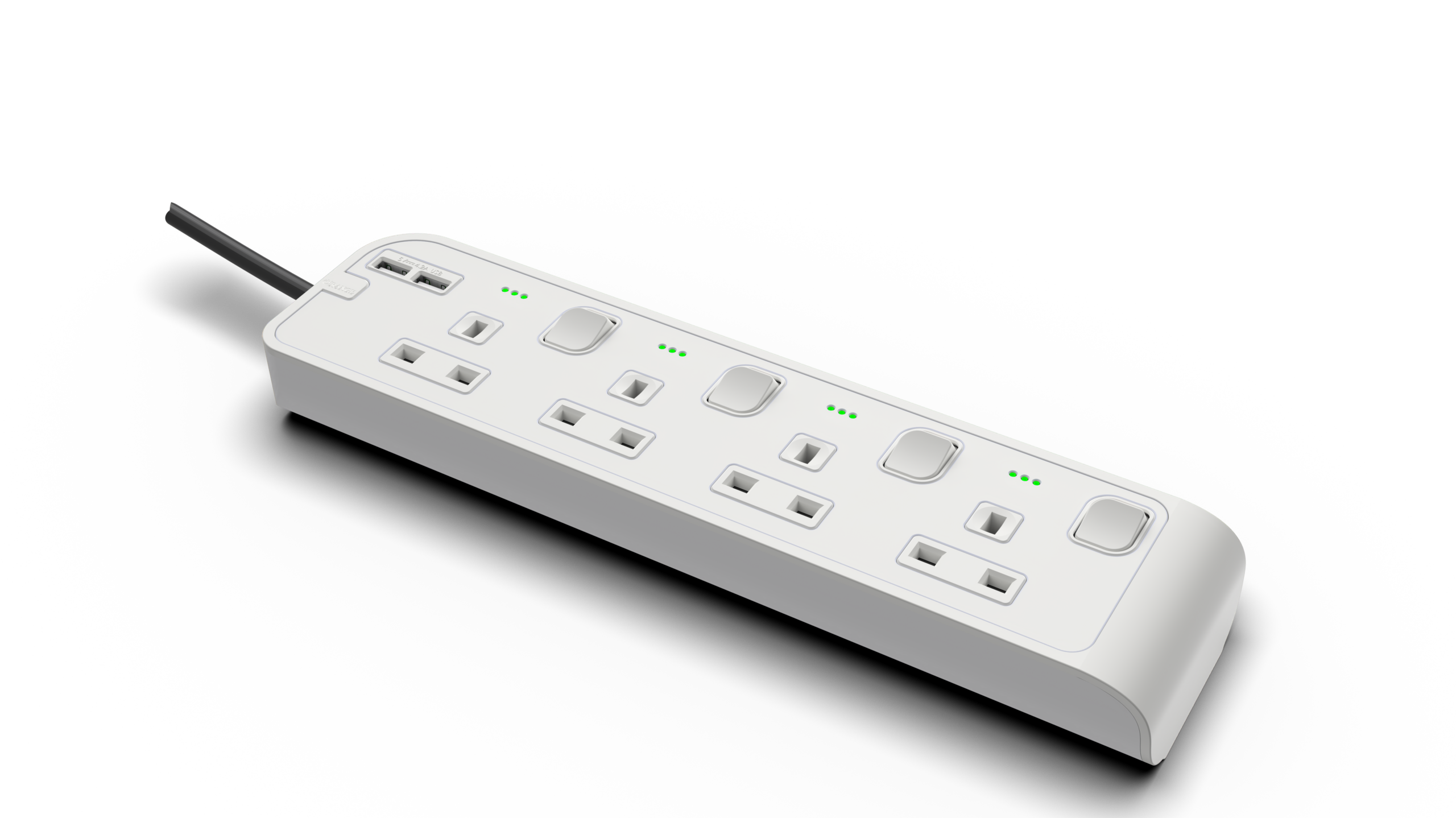 13Amp. 4 Outlet Power Strip with Indicator with 2x4.2USB-A Ports with 5Meter Cord White