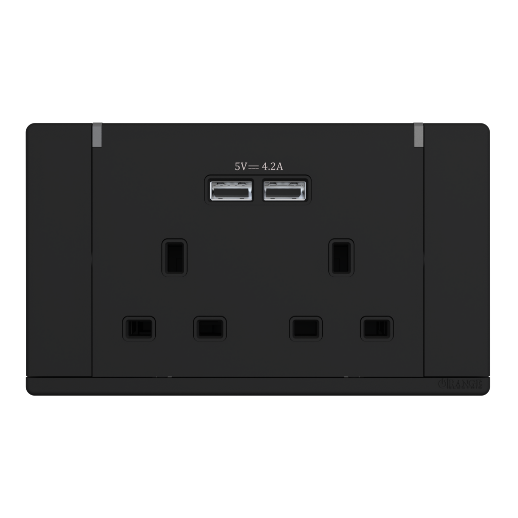 ODESSA 13Amp. 250V Twin Switched Socket Outlet with Radium + 4. 2A USB Black Matte