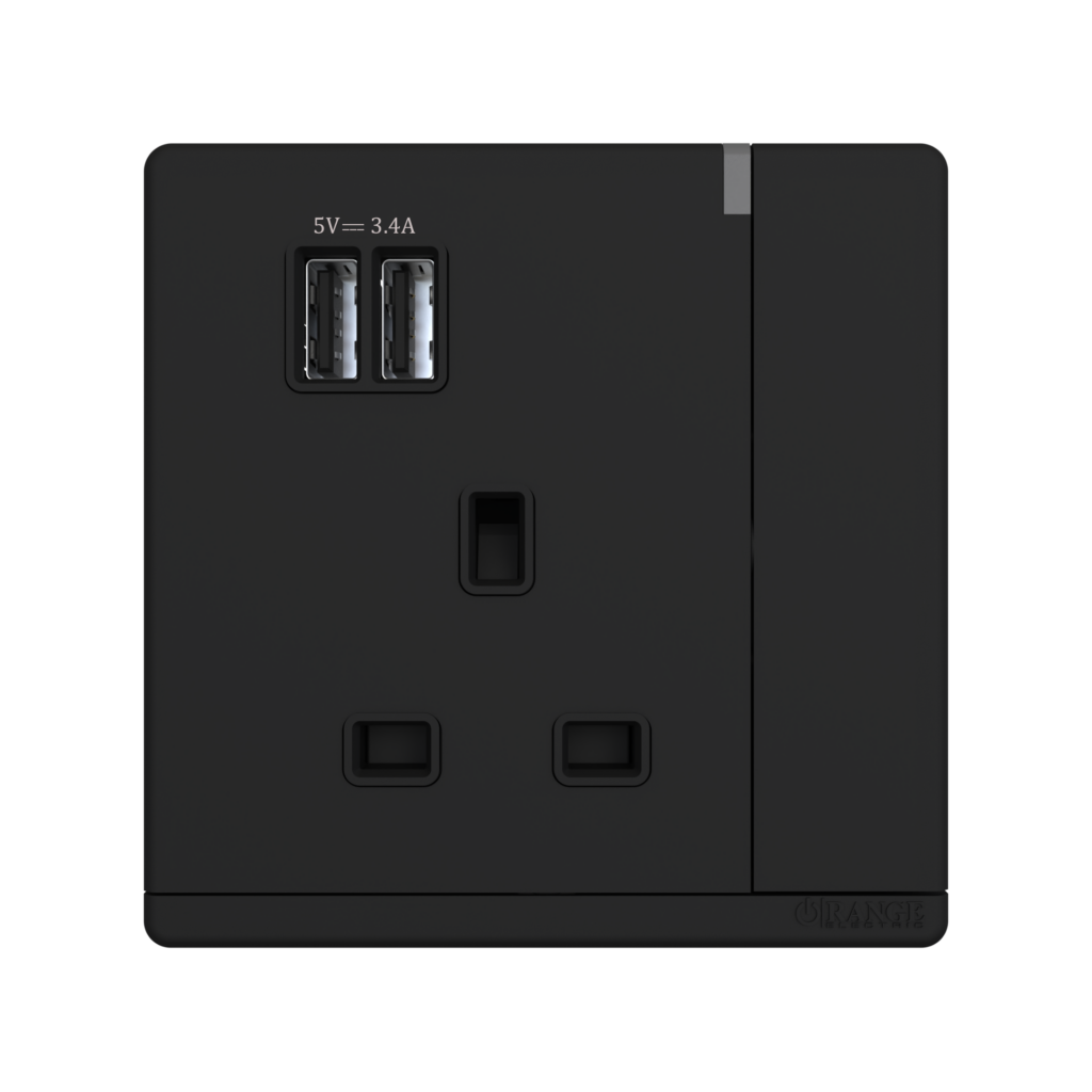 ODESSA 13Amp. 250V Single Switched Socket Outlet with Radium + 3.4 USB Black Matte