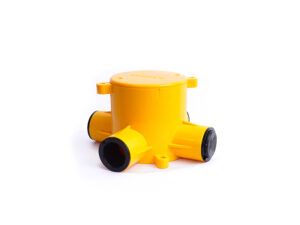 Deep junction box 4way 65mm PVC yellow with end caps 20/25mm TV
