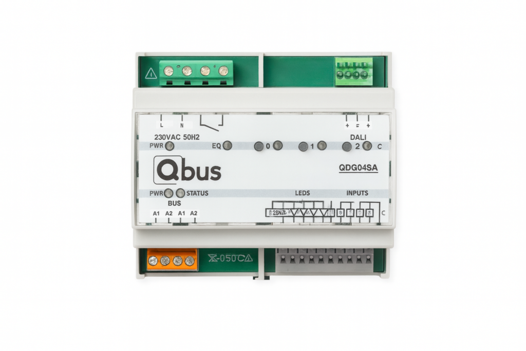 Stand-Alone Qbus DALI Group Dimmer for 4 groups. 64 DALI (2)-drivers maximum, integrated power supply.