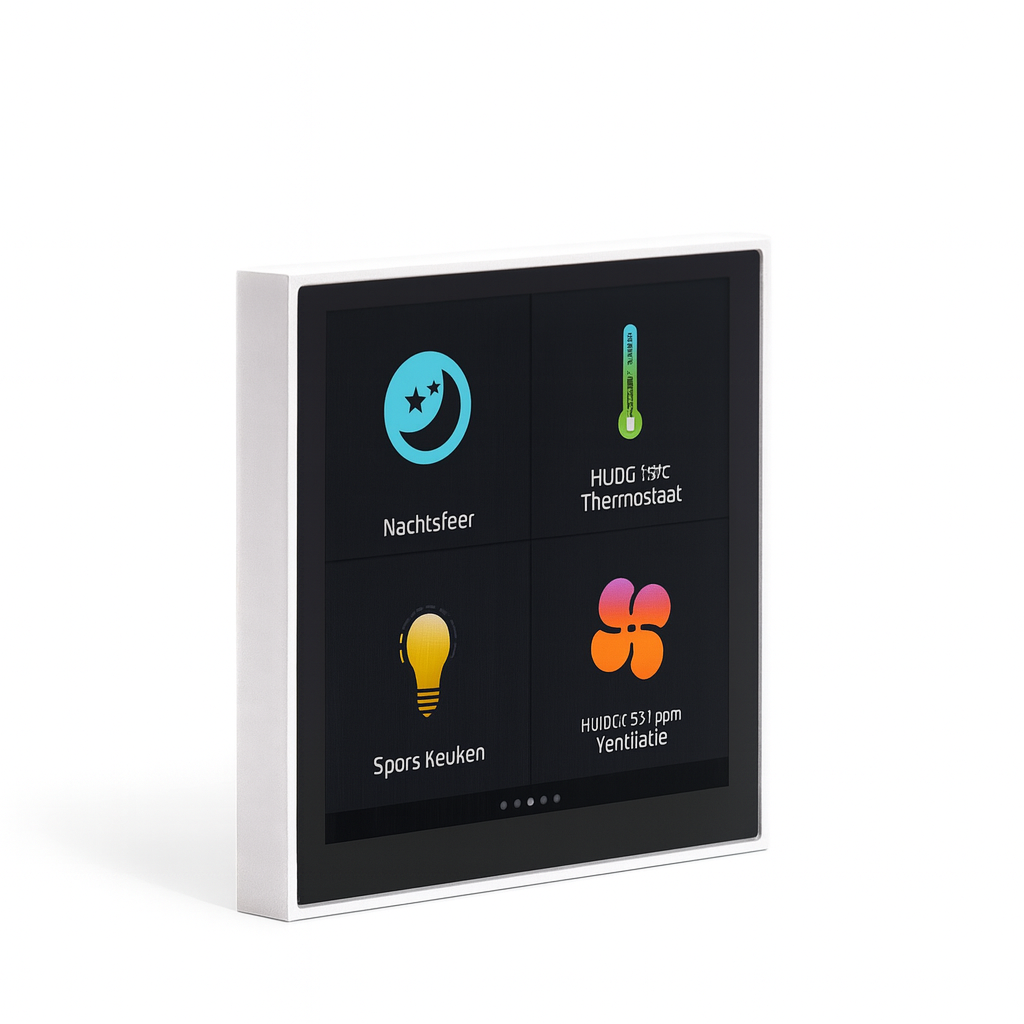 RoomMate Room Controller for 20 outputs with display and temperature sensor, white frame.